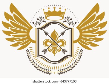 Vintage decorative heraldic vector emblem composed with eagle wings, spears and royal crown
