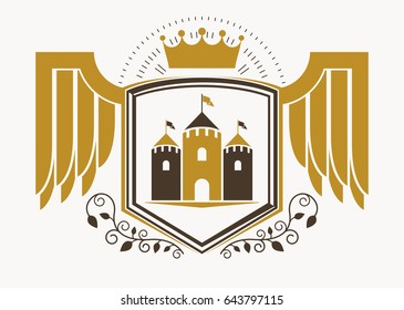 Emblema vectorial heráldico decorativo de época compuesto por alas de águila, fortaleza medieval y corona monarca