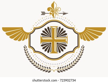 Emblema vectorial herálico decorativo vintage compuesto por alas águilas y cruz religiosa cristiana 