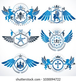 Vintage decorative heraldic vector emblems composed with elements like eagle wings, religious crosses, armory and medieval castles, animals. Collection of classy symbolic illustrations. 