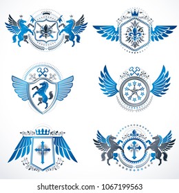 Vintage decorative heraldic vector emblems composed with elements like eagle wings, religious crosses, armory and medieval castles, animals. Collection of classy symbolic illustrations. 