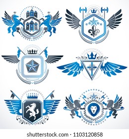 Vintage decorative heraldic vector emblems composed with elements like eagle wings, religious crosses, armory and medieval castles, animals. Collection of classy symbolic illustrations. 