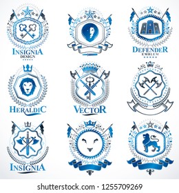 Vintage decorative heraldic vector emblems composed with elements like eagle wings, religious crosses, armory and medieval castles, animals. Collection of classy symbolic illustrations. 
