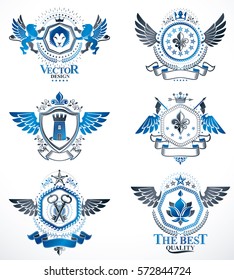 Vintage decorative heraldic vector emblems composed with elements like eagle wings, religious crosses, armory and medieval castles, animals. Collection of classy symbolic illustrations. 