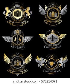 Vintage decorative heraldic vector emblems composed with elements like eagle wings, religious crosses, armory and medieval castles, animals. Collection of classy symbolic illustrations. 