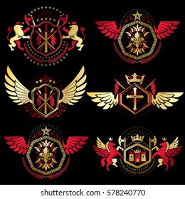 Vintage decorative heraldic vector emblems composed with elements like eagle wings, religious crosses, armory and medieval castles, animals. Collection of classy symbolic illustrations. 