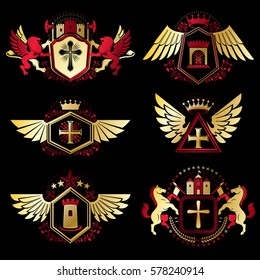 Vintage decorative heraldic vector emblems composed with elements like eagle wings, religious crosses, armory and medieval castles, animals. Collection of classy symbolic illustrations. 