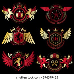 Vintage decorative heraldic vector emblems composed with elements like eagle wings, religious crosses, armory and medieval castles, animals. Collection of classy symbolic illustrations. 