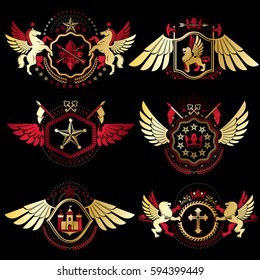 Vintage decorative heraldic vector emblems composed with elements like eagle wings, religious crosses, armory and medieval castles, animals. Collection of classy symbolic illustrations. 