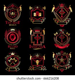 Vintage decorative heraldic vector emblems composed with elements like eagle wings, religious crosses, armory and medieval castles, animals. Collection of classy symbolic illustrations. 