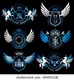 Vintage decorative heraldic vector emblems composed with elements like eagle wings, religious crosses, armory and medieval castles, animals. Collection of classy symbolic illustrations. 