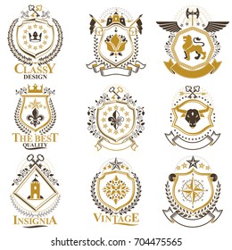 Vintage decorative heraldic vector emblems composed with elements like eagle wings, religious crosses, armory and medieval castles, animals. Collection of classy symbolic illustrations. 