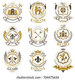 Vintage decorative heraldic vector emblems composed with elements like eagle wings, religious crosses, armory and medieval castles, animals. Collection of classy symbolic illustrations. 