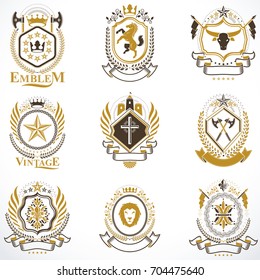 Vintage decorative heraldic vector emblems composed with elements like eagle wings, religious crosses, armory and medieval castles, animals. Collection of classy symbolic illustrations. 