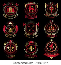 Vintage decorative heraldic vector emblems composed with elements like eagle wings, religious crosses, armory and medieval castles, animals. Collection of classy symbolic illustrations. 