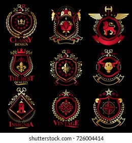 Vintage decorative heraldic vector emblems composed with elements like eagle wings, religious crosses, armory and medieval castles, animals. Collection of classy symbolic illustrations. 