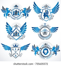 Vintage decorative heraldic vector emblems composed with elements like eagle wings, religious crosses, armory and medieval castles, animals. Collection of classy symbolic illustrations. 