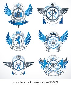 Vintage decorative heraldic vector emblems composed with elements like eagle wings, religious crosses, armory and medieval castles, animals. Collection of classy symbolic illustrations. 