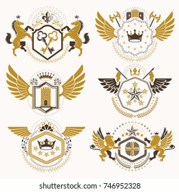 Vintage decorative heraldic vector emblems composed with elements like eagle wings, religious crosses, armory and medieval castles, animals. Collection of classy symbolic illustrations. 