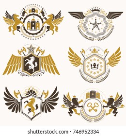 Vintage decorative heraldic vector emblems composed with elements like eagle wings, religious crosses, armory and medieval castles, animals. Collection of classy symbolic illustrations. 