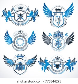 Vintage decorative heraldic vector emblems composed with elements like eagle wings, religious crosses, armory and medieval castles, animals. Collection of classy symbolic illustrations. 