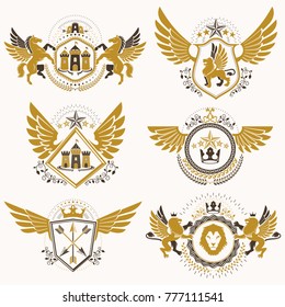 Vintage decorative heraldic vector emblems composed with elements like eagle wings, religious crosses, armory and medieval castles, animals. Collection of classy symbolic illustrations. 