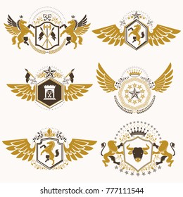 Vintage decorative heraldic vector emblems composed with elements like eagle wings, religious crosses, armory and medieval castles, animals. Collection of classy symbolic illustrations. 