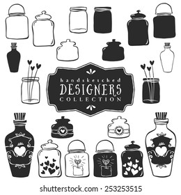 Vintage decorative jars with hearts collection. Hand drawn vector design elements