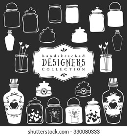Vintage decorative jars with hearts collection. Hand drawn vector design elements on black background.