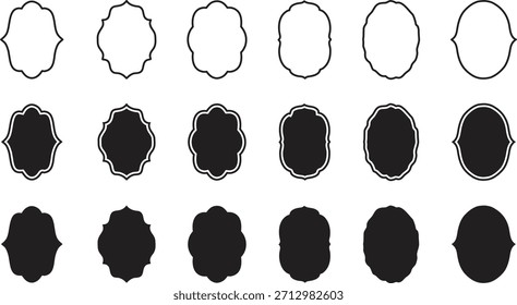 Conjunto de marcos de etiquetas decorativas de Antiguas con contornos clásicos, bordes adornados y elegantes Formas de insignias en blanco y negro, perfecto para proyectos de empaque, marca, papelería y Diseño gráfico.
