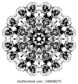 Vintage decorative lace round pattern. Floral ornament in Baroque style. Hand drawn illustration with rose