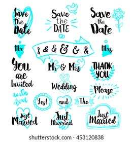 Vintage decorative lettering set. Hand drawn vector typography design wedding collection. Graphics elements for Save the date invitations and Just married cards.