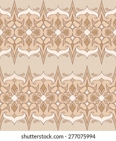 Vintage decorative linear vector seamless texture in Victorian style. Element for design. Ornamental backdrop. Pattern fill. Ornate floral decor for wallpaper. Traditional decor on beige background.  