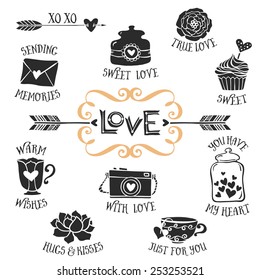 Vintage decorative love badges with lettering. Hand drawn vector design elements