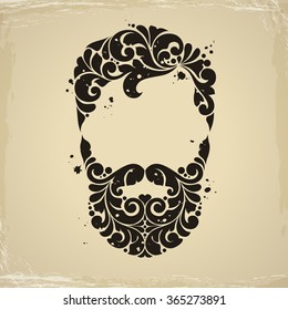 Vintage decorative man icon with ornamental beard. Silhouette hipster lumberjack grunge vector illustration for barber logo, banner, poster, label, business sign, identity, branding