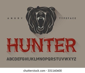 Vintage decorative modern font with dotted graphics and a wild angry bear head illustration