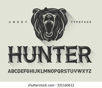 Vintage decorative modern font with dotted graphics and a wild angry bear head illustration