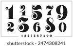 Vintage decorative numbers from 0 to 9, with elegant and intricate style. Isolated vector black numerals features curve ornate details. Victorian, classic, vintage digits, royal typographic numbers