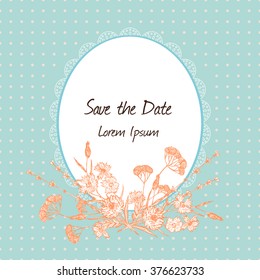 Vintage decorative old fashioned frame with field flowers. Save date greeting cards template. Vector illustration