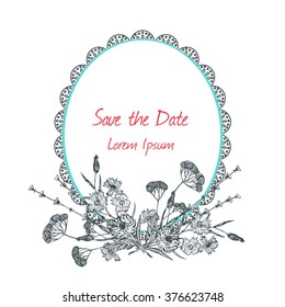 Vintage decorative old fashioned frame with field flowers. Save date greeting cards template. Vector illustration