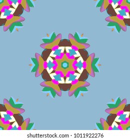 Vintage decorative ornament on blue, yellow and brown colors. Colored mandala pattern, Arabic background. Fabric, wallpaper. Ethnic texture. Vector East, Islam, Indian, motif, revival swirling.