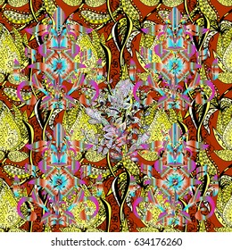 Vintage decorative ornament on brown background. Ethnic texture. Orient, symmetry fabric, wallpaper. Vector East, Islam, Indian, motif, revival swirling. Colored mandala pattern, Arabic background.