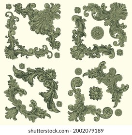 Vintage decorative ornamental corners. Design set. Editable hand drawn illustration. Vector engraving. Isolated on light background. 8 EPS