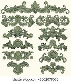 Vintage decorative ornamental elements . Design set. Editable hand drawn illustration. Vector engraving. Isolated on light background. 8 EPS