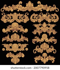 Vintage decorative ornamental elements. Design set. Editable hand drawn illustration. Vector engraving. Isolated on black background. 8 EPS