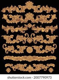 Elementos ornamentales decorativos de época. Conjunto de diseño. Ilustración editable dibujada a mano. Grabado de vectores. Aislado sobre fondo negro. 8 EPS