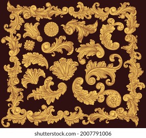 Vintage decorative ornamental elements . Design set. Editable hand drawn illustration. Vector engraving. Isolated on dark background. 8 EPS