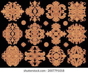 Elementos ornamentales decorativos de época. Conjunto de diseño. Ilustración editable dibujada a mano. Grabado de vectores. Aislado sobre fondo negro. 8 EPS