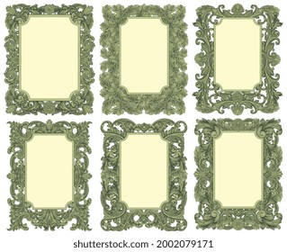 Vintage decorative ornamental frames. Design set. Editable hand drawn illustration. Vector engraving. Isolated on white background. 8 EPS