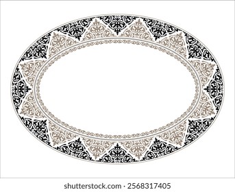 
Vintage decorative oval frame. Elegant element for design in Eastern style, place for text. Floral black border. Ancient Turkic ornaments. Lace illustration for invitations, Sandblasting, ceramic